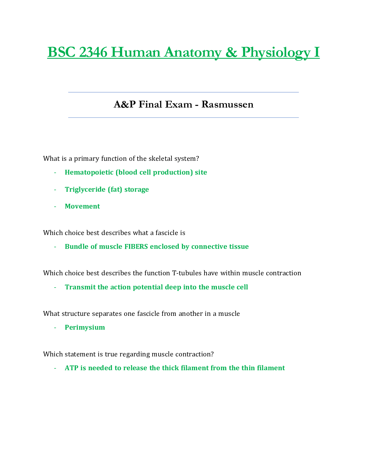 Preview image for BSC2346 / BSC 2346 Final Exam Updated: Human Anatomy & Physiology I - Rasmussen